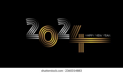 happy new year 2024 gold silver numbers on black background wallpaper vector illustration