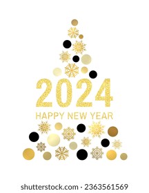 Happy new year 2024. Gold glitter greeting card design on white background. Abstract Christmas tree with golden black circles snowflakes on white background. Poster, banner vector holiday decoration.