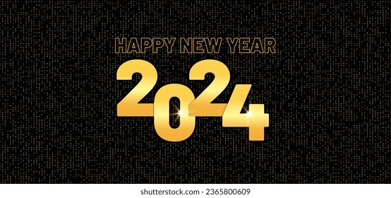 Happy New Year 2024 with gold number on black background with glitter decoration. Great to use as banners, backgrounds, invitations, greeting cards and more. Vector illustration and editable