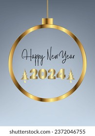 Happy new year 2024 with gold ball. Premium vector background for happy new year 2024 celebration