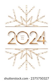 Happy New Year 2024 with gold frame and snowflake. Shining with sparkles numbers and border Merry Christmas card on white background. Greeting festive vector illustration. Holiday modern poster