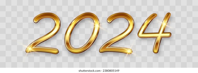 Happy New Year 2024 gold text design. 2024 vector 3d design for Brochure, postcard, banner, poster. Numbers shadow. Vector illustration isolated on png background