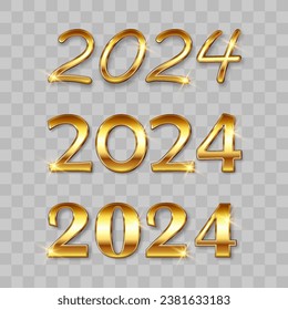 Happy New Year 2024 gold set. 2024 vector 3d design for Brochure, postcard, banner, poster. Numbers shadow. Vector illustration isolated on png background