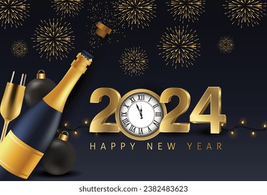 Happy new year 2024 gold champagne bottle open. greeting card or elegant holiday party invitation. vector illustration design