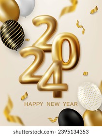 Happy  New Year 2024 gold balloon. Design with balloons and foil confetti on cream background. vector.