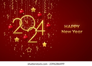 Happy New Year 2024. Gold metallic numbers 2024 and watch with Roman numeral and countdown midnight, eve for New Year. Hanging golden stars and balls on red background. Realistic vector illustration.