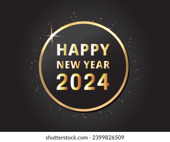 Happy new year 2024. Gold circle frame. Luxury style banner. Vector illustration.