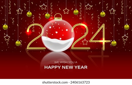 Happy New Year 2024 gold number stars glass ball circle on red luxury design for holiday festival celebration countdown background vector illustration.