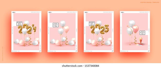 Happy New Year 2024. Golden number 2025. Background realistic gold balloons. Object render 3d ballon with ribbon. Celebrate party Poster, banner, Set cover card, brochure, flyer, layout design