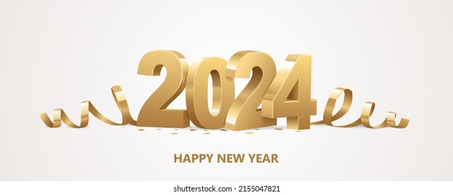 Happy New Year 2024. Golden 3D numbers with ribbons and confetti on a white background.