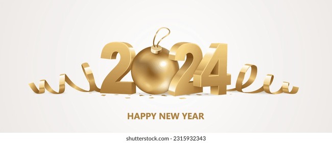 Happy New Year 2024. Golden 3D numbers with ribbons, Christmas ball and confetti on a white background.