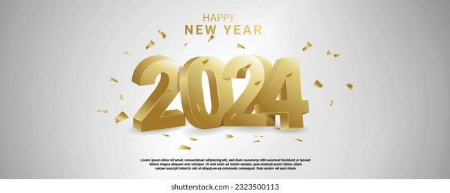 Happy New Year 2024. Golden 3D numbers with ribbons and confetti on a white background.