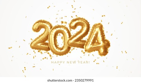 Happy New Year 2024 golden number balloons gift. Calendar header, greetings, Happy New Year 2024 greeting cards. 3d vector realistic illustration EPS10