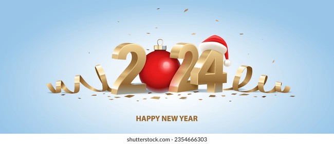 Happy New Year 2024. Golden 3D numbers with Santa hat, red Christmas ball and confetti on a light blue background.