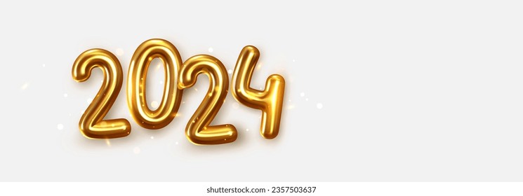 Feliz Año Nuevo 2024. Números 3d metálicos dorados y realistas con luces doradas borrosas. Afiche horizontal de Navidad, pancarta, portada, folleto, volante, diseño. Ilustración del vector