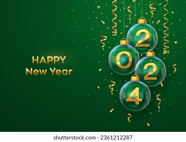 Happy New Year 2024. Golden metal 3D numbers 2024 in glass bauble. Hanging Christmas balls and glitter confetti. Greeting card. Holiday Xmas and New Year poster, banner, flyer. Vector Illustration.