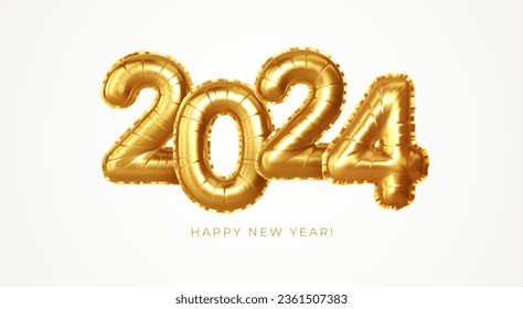 Happy New Year 2024 golden number balloons gift. Calendar header, greetings, Happy New Year 2024 greeting cards. 3d vector realistic illustration EPS10