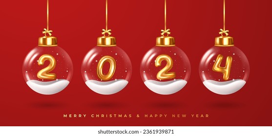 Happy New Year 2024! Golden numbers inside glass Christmas balls hanging on ribbon. Realistic 3D image of metal sign. Celebrating 2024 party. Christmas poster, web banner, site header. Vector.