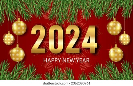 Happy New Year 2024 golden numbers with Christmas banner, festive Christmas composition, top view of Christmas tree balls, snowflakes, green tree branches. Vector illustration