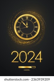Happy New Year 2024. Golden metallic numbers 2024, gold watch with Roman numeral and countdown midnight with loading bar on shimmering background. Bursting backdrop with glitters. Vector illustration.
