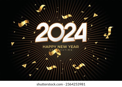 Happy New Year 2024. Golden 3D numbers with gold confetti and white style on elegant Background