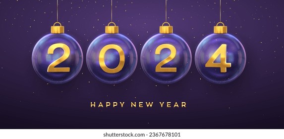 Happy New Year 2024. Golden metal 3D numbers 2024 in glass bauble. Hanging Christmas balls and glitter confetti. Greeting card. Holiday Xmas and New Year poster, banner, flyer. Vector Illustration.