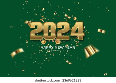 Happy New Year 2024. Golden 3D numbers with gold confetti and white style on elegant Background