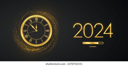 Happy New Year 2024. Golden metallic numbers 2024, gold watch with Roman numeral and countdown midnight with loading bar on shimmering background. Bursting backdrop with glitters. Vector illustration.