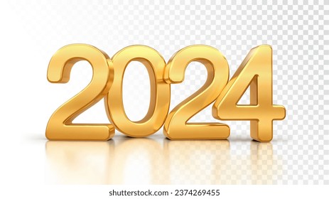 Happy New Year 2024. Golden 3D numbers 2024 isolated on transparent background. Realistic festive metallic luxury gold numbers. Merry Christmas and Happy New Year greeting card. Vector illustration.