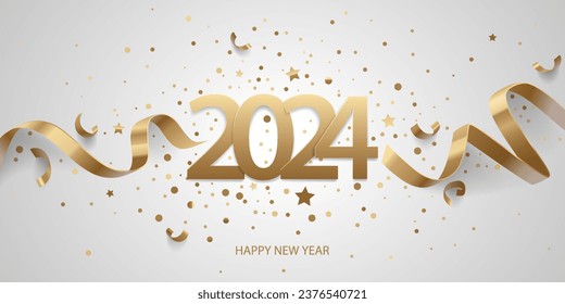 Happy New Year 2024. Golden numbers with ribbons and confetti on a white background.
