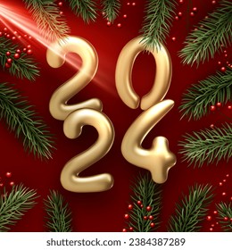 Happy new year 2024 golden lettering made of shiny balloons on red background with green fir branches and sunlight. Vector illustration.