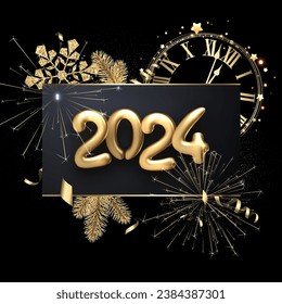 Happy new year 2024 golden lettering made of shiny balloons on rectangular black background with snowflake, fir branches, clock face and glittering particles. Vector illustration.