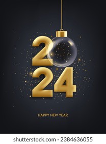 Happy new year 2024. Golden numbers with transparent Christmas ball and confetti, holiday greeting card design.