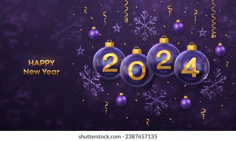 Happy New Year 2024. Golden metal 3D numbers 2024 in transparent glass bauble. Hanging Christmas balls, ice snowflakes and stars, confetti. Greeting card, poster, banner, flyer. Vector Illustration.