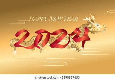 Happy New Year 2024. Golden 3D numbers with ribbons. Year of the dragon; Creative Chinese golden dragon logo design.