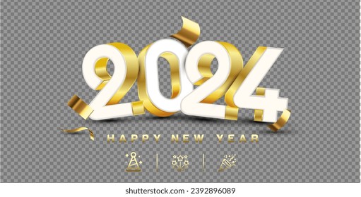 Happy New Year 2024. Golden 3D numbers and confetti , isolated on transparent background.