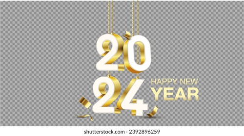 Happy New Year 2024. Golden 3D numbers and confetti , isolated on transparent background.