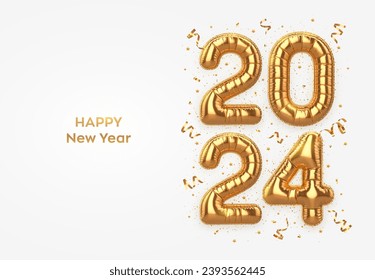 Happy New Year 2024. Golden foil balloon numbers on white background. High detailed 3D realistic gold foil helium balloons. Merry Christmas and Happy New Year 2024 greeting card. Vector illustration.