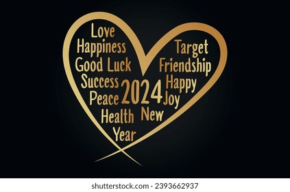 Happy New Year 2024 with golden love heart shape greeting shape background