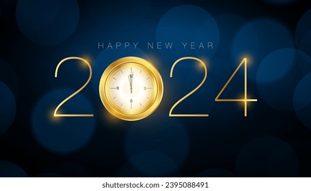 Happy New Year 2024 golden clock design on dark background