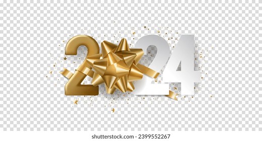 Happy new year 2024. Golden self adhesive gift bow with white paper numbers and confetti, isolated on transparent background.