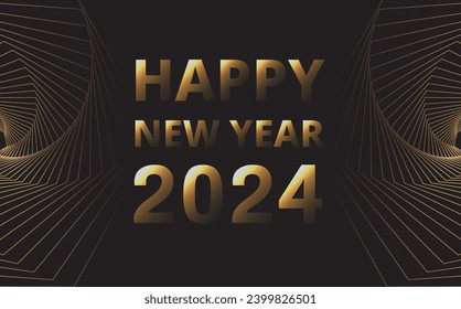 Happy New Year 2024. Golden line wave on black background. Luxury style. Vector illustration.