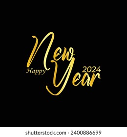 "Happy New Year 2024" golden gradient text template design Vector illustration template for social media and websites, isolated on a black background. Happy Holidays. Editable EPS file.