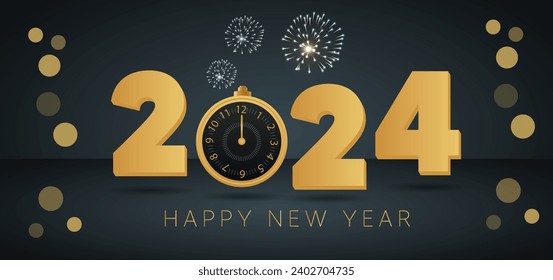 happy new year 2024 with golden frame clock fireworks at dark vector background