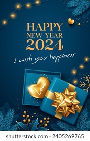 Happy new year 2024, Golden heart in an open blue gift box gold ribbon, berry and blue pine leaf poster flyer design on blue background, Eps 10 vector illustration
