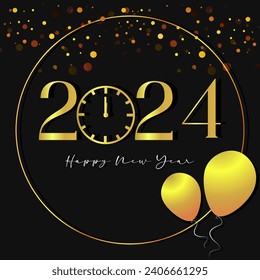 Happy New Year 2024 Golden Shiny Typography New Year's Eve Poster Banner Design Vector Illustration