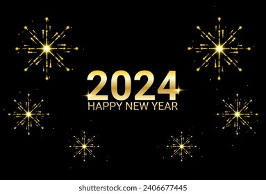 Happy New Year 2024 with Golden Fireworks Background. Vector Illustration