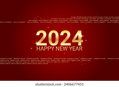 Happy New Year 2024 with Golden Frame Background And Glowing Light. Vector Illustration