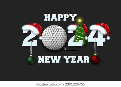 Happy new year. 2024 with golf ball. Numbers in Christmas hats with golf bat and Christmas tree ball. Original template design for greeting card. Vector illustration on isolated background