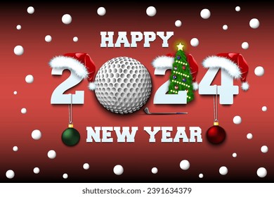 Happy new year. 2024 with golf ball. Numbers in Christmas hats with golf bat and Christmas tree ball. Original template design for greeting card. Vector illustration on isolated background